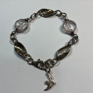 CECILE JEANNE Sterling Silver Bracelet with Pink & Silver Beads. 7.25” long